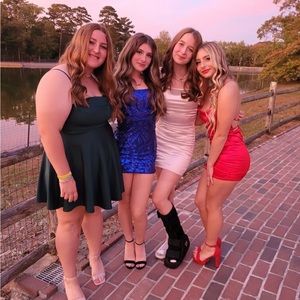 Hoco dress, gorgeous blue dress with sequin design. Open back squat cut front